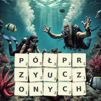 Kreatywna ilustracja do gry w Scrabble ze słowem PÓŁPRZYUCZONYCH ułożonym z płytek na planszy.