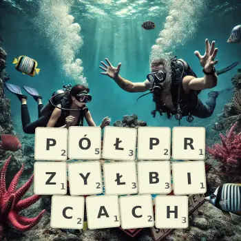 Kreatywna ilustracja do gry w Scrabble ze słowem PÓŁPRZYŁBICACH ułożonym z płytek na planszy.