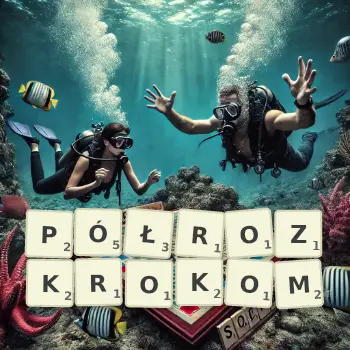 Kreatywna ilustracja do gry w Scrabble ze słowem PÓŁROZKROKOM ułożonym z płytek na planszy.