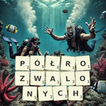 Kreatywna ilustracja do gry w Scrabble ze słowem PÓŁROZWALONYCH ułożonym z płytek na planszy.