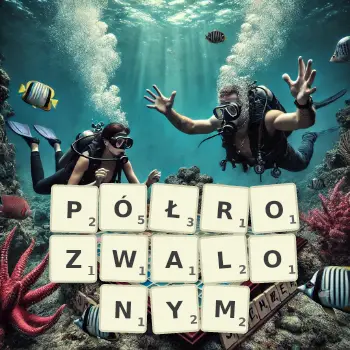 Kreatywna ilustracja do gry w Scrabble ze słowem PÓŁROZWALONYM ułożonym z płytek na planszy.