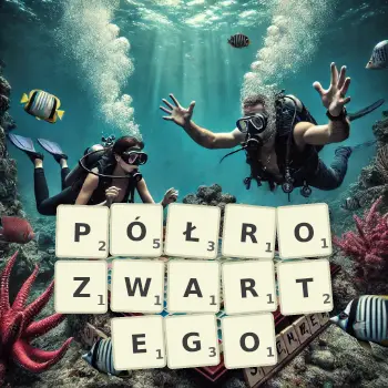 Kreatywna ilustracja do gry w Scrabble ze słowem PÓŁROZWARTEGO ułożonym z płytek na planszy.