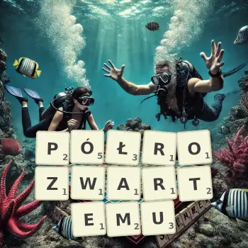 Kreatywna ilustracja do gry w Scrabble ze słowem PÓŁROZWARTEMU ułożonym z płytek na planszy.