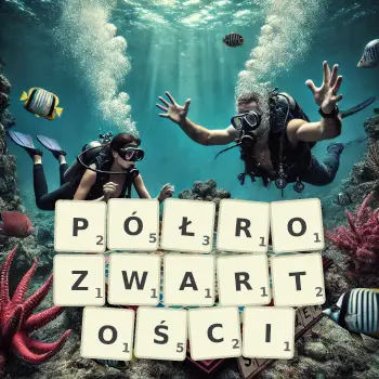 Kreatywna ilustracja do gry w Scrabble ze słowem PÓŁROZWARTOŚCI ułożonym z płytek na planszy.