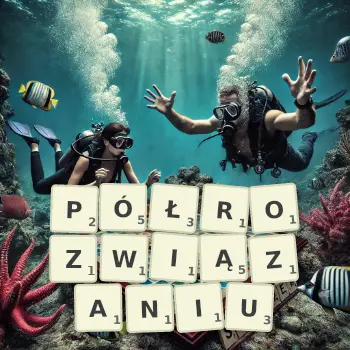 Kreatywna ilustracja do gry w Scrabble ze słowem PÓŁROZWIĄZANIU ułożonym z płytek na planszy.