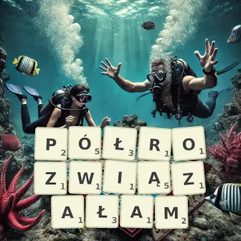 Kreatywna ilustracja do gry w Scrabble ze słowem PÓŁROZWIĄZAŁAM ułożonym z płytek na planszy.