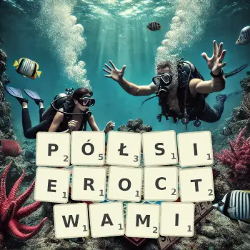 Kreatywna ilustracja do gry w Scrabble ze słowem PÓŁSIEROCTWAMI ułożonym z płytek na planszy.