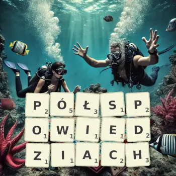 Kreatywna ilustracja do gry w Scrabble ze słowem PÓŁSPOWIEDZIACH ułożonym z płytek na planszy.