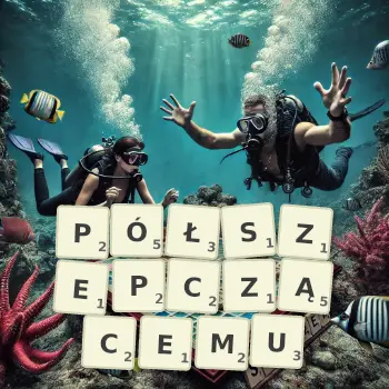 Kreatywna ilustracja do gry w Scrabble ze słowem PÓŁSZEPCZĄCEMU ułożonym z płytek na planszy.