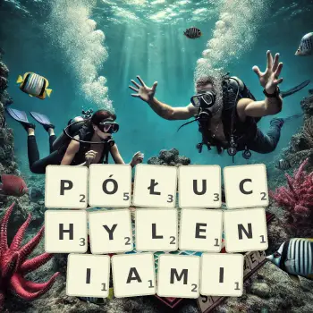 Kreatywna ilustracja do gry w Scrabble ze słowem PÓŁUCHYLENIAMI ułożonym z płytek na planszy.