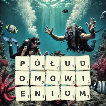 Kreatywna ilustracja do gry w Scrabble ze słowem PÓŁUDOMOWIENIOM ułożonym z płytek na planszy.