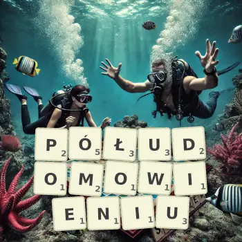 Kreatywna ilustracja do gry w Scrabble ze słowem PÓŁUDOMOWIENIU ułożonym z płytek na planszy.