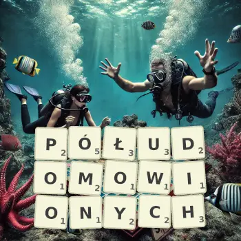 Kreatywna ilustracja do gry w Scrabble ze słowem PÓŁUDOMOWIONYCH ułożonym z płytek na planszy.