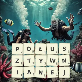Kreatywna ilustracja do gry w Scrabble ze słowem PÓŁUSZTYWNIANEJ ułożonym z płytek na planszy.