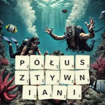 Kreatywna ilustracja do gry w Scrabble ze słowem PÓŁUSZTYWNIANI ułożonym z płytek na planszy.