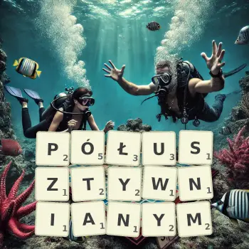 Kreatywna ilustracja do gry w Scrabble ze słowem PÓŁUSZTYWNIANYM ułożonym z płytek na planszy.
