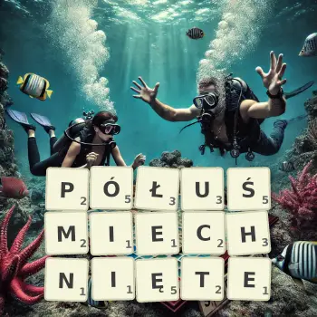 Kreatywna ilustracja do gry w Scrabble ze słowem PÓŁUŚMIECHNIĘTE ułożonym z płytek na planszy.