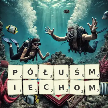 Kreatywna ilustracja do gry w Scrabble ze słowem PÓŁUŚMIECHOM ułożonym z płytek na planszy.