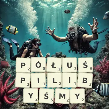Kreatywna ilustracja do gry w Scrabble ze słowem PÓŁUŚPILIBYŚMY ułożonym z płytek na planszy.