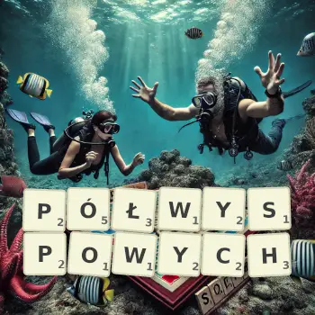 Kreatywna ilustracja do gry w Scrabble ze słowem PÓŁWYSPOWYCH ułożonym z płytek na planszy.