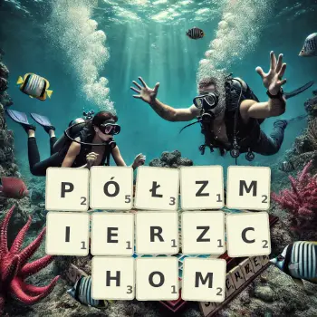 Kreatywna ilustracja do gry w Scrabble ze słowem PÓŁZMIERZCHOM ułożonym z płytek na planszy.