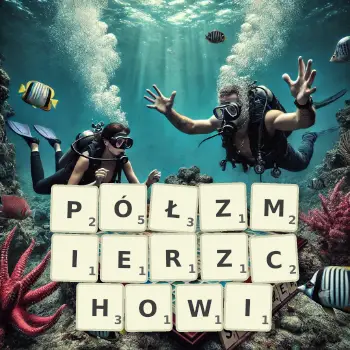 Kreatywna ilustracja do gry w Scrabble ze słowem PÓŁZMIERZCHOWI ułożonym z płytek na planszy.