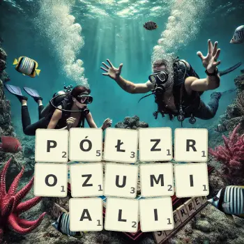 Kreatywna ilustracja do gry w Scrabble ze słowem PÓŁZROZUMIALI ułożonym z płytek na planszy.