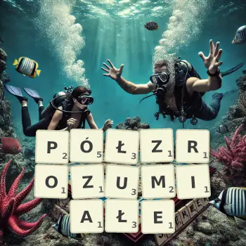 Kreatywna ilustracja do gry w Scrabble ze słowem PÓŁZROZUMIAŁE ułożonym z płytek na planszy.