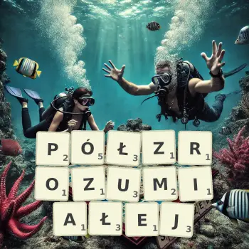 Kreatywna ilustracja do gry w Scrabble ze słowem PÓŁZROZUMIAŁEJ ułożonym z płytek na planszy.