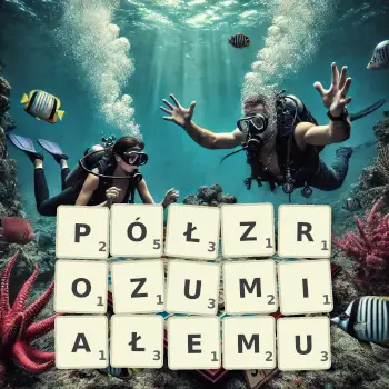 Kreatywna ilustracja do gry w Scrabble ze słowem PÓŁZROZUMIAŁEMU ułożonym z płytek na planszy.