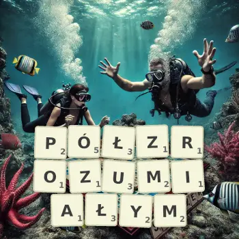 Kreatywna ilustracja do gry w Scrabble ze słowem PÓŁZROZUMIAŁYM ułożonym z płytek na planszy.