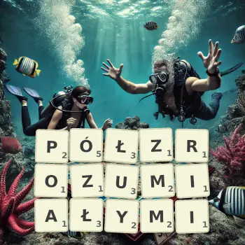 Kreatywna ilustracja do gry w Scrabble ze słowem PÓŁZROZUMIAŁYMI ułożonym z płytek na planszy.