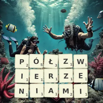Kreatywna ilustracja do gry w Scrabble ze słowem PÓŁZWIERZENIAMI ułożonym z płytek na planszy.