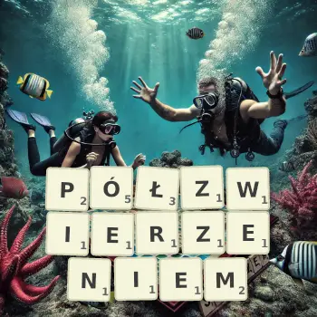 Kreatywna ilustracja do gry w Scrabble ze słowem PÓŁZWIERZENIEM ułożonym z płytek na planszy.