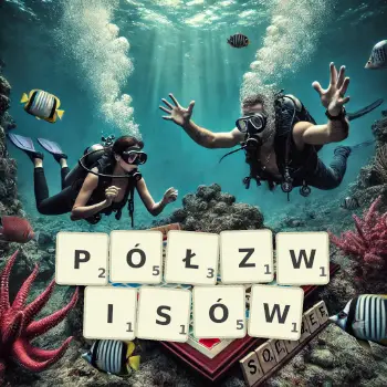 Kreatywna ilustracja do gry w Scrabble ze słowem PÓŁZWISÓW ułożonym z płytek na planszy.