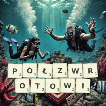 Kreatywna ilustracja do gry w Scrabble ze słowem PÓŁZWROTOWI ułożonym z płytek na planszy.