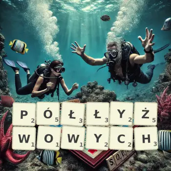 Kreatywna ilustracja do gry w Scrabble ze słowem PÓŁŁYŻWOWYCH ułożonym z płytek na planszy.