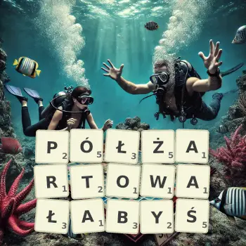 Kreatywna ilustracja do gry w Scrabble ze słowem PÓŁŻARTOWAŁABYŚ ułożonym z płytek na planszy.
