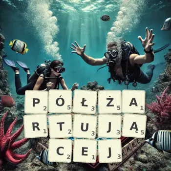 Kreatywna ilustracja do gry w Scrabble ze słowem PÓŁŻARTUJĄCEJ ułożonym z płytek na planszy.