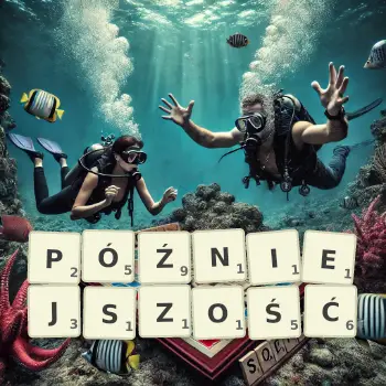 Kreatywna ilustracja do gry w Scrabble ze słowem PÓŹNIEJSZOŚĆ ułożonym z płytek na planszy.