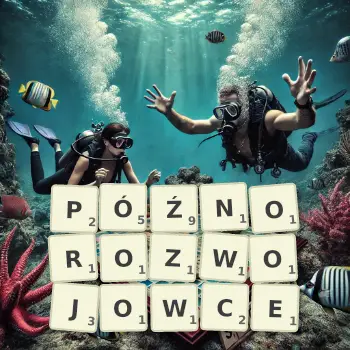 Kreatywna ilustracja do gry w Scrabble ze słowem PÓŹNOROZWOJOWCE ułożonym z płytek na planszy.