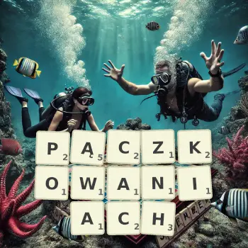 Kreatywna ilustracja do gry w Scrabble ze słowem PĄCZKOWANIACH ułożonym z płytek na planszy.