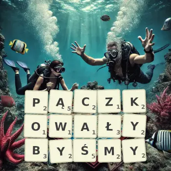 Kreatywna ilustracja do gry w Scrabble ze słowem PĄCZKOWAŁYBYŚMY ułożonym z płytek na planszy.