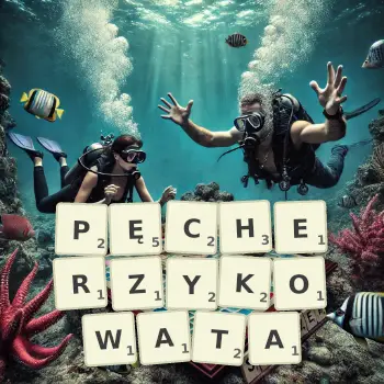 Kreatywna ilustracja do gry w Scrabble ze słowem PĘCHERZYKOWATA ułożonym z płytek na planszy.