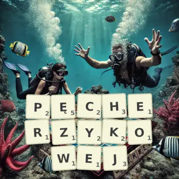 Kreatywna ilustracja do gry w Scrabble ze słowem PĘCHERZYKOWEJ ułożonym z płytek na planszy.