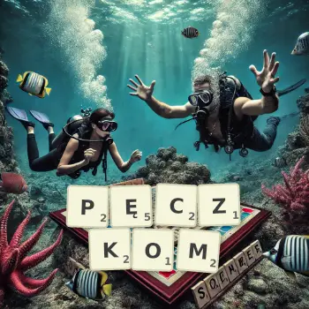 Kreatywna ilustracja do gry w Scrabble ze słowem PĘCZKOM ułożonym z płytek na planszy.