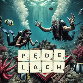 Kreatywna ilustracja do gry w Scrabble ze słowem PĘDELACH ułożonym z płytek na planszy.