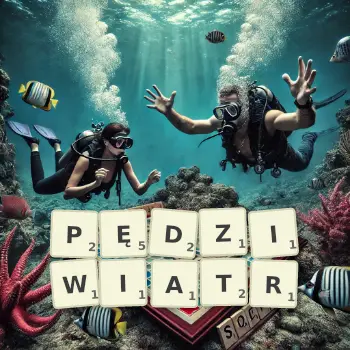 Kreatywna ilustracja do gry w Scrabble ze słowem PĘDZIWIATR ułożonym z płytek na planszy.