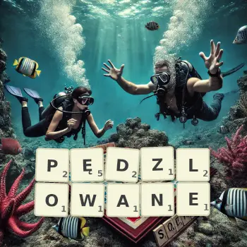 Kreatywna ilustracja do gry w Scrabble ze słowem PĘDZLOWANE ułożonym z płytek na planszy.