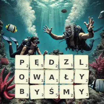 Kreatywna ilustracja do gry w Scrabble ze słowem PĘDZLOWAŁYBYŚMY ułożonym z płytek na planszy.